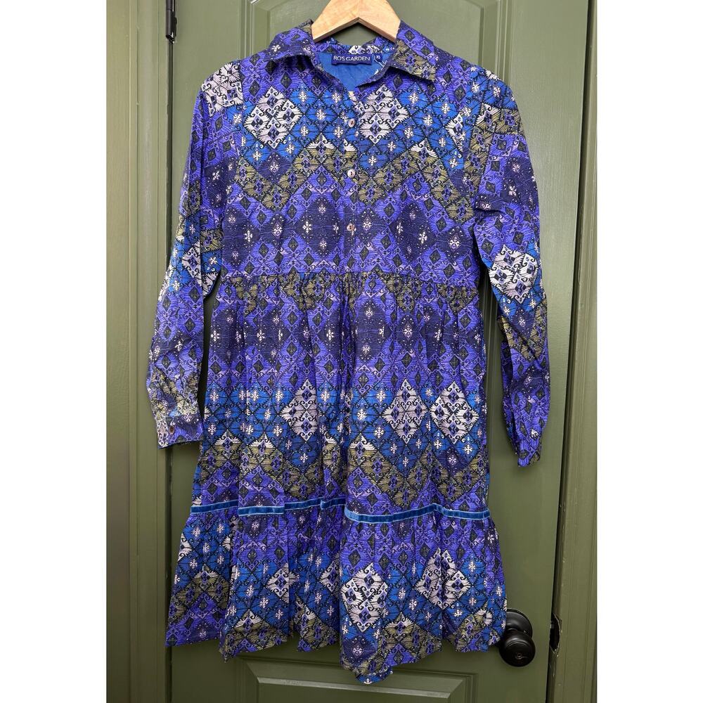 NWT Ro's Garden Romy Short Mini Long Sleeve Boho Dress Lachen Blue Purple XS - Picture 1 of 4